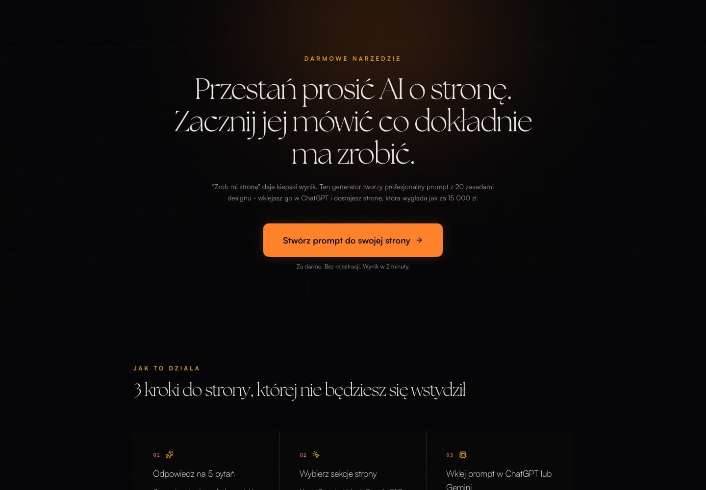 Strona główna Prompt Buildera z generatorem promptu do strony