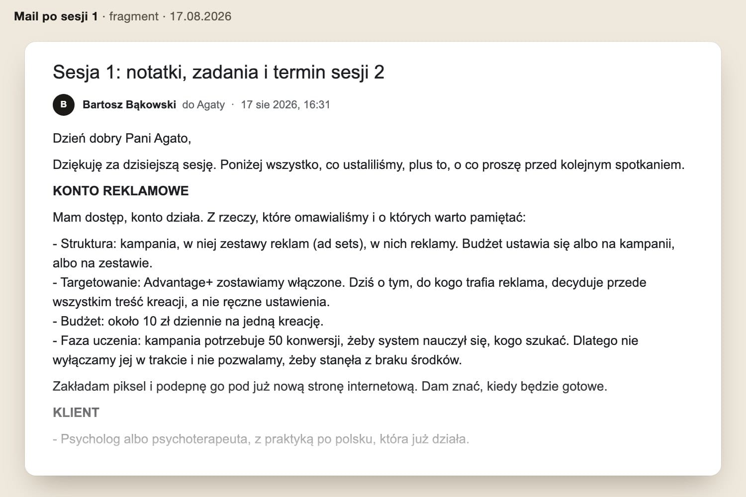 Fragment maila po sesji 1 z 17.08.2026: ustalenia o koncie reklamowym, budżecie i fazie uczenia