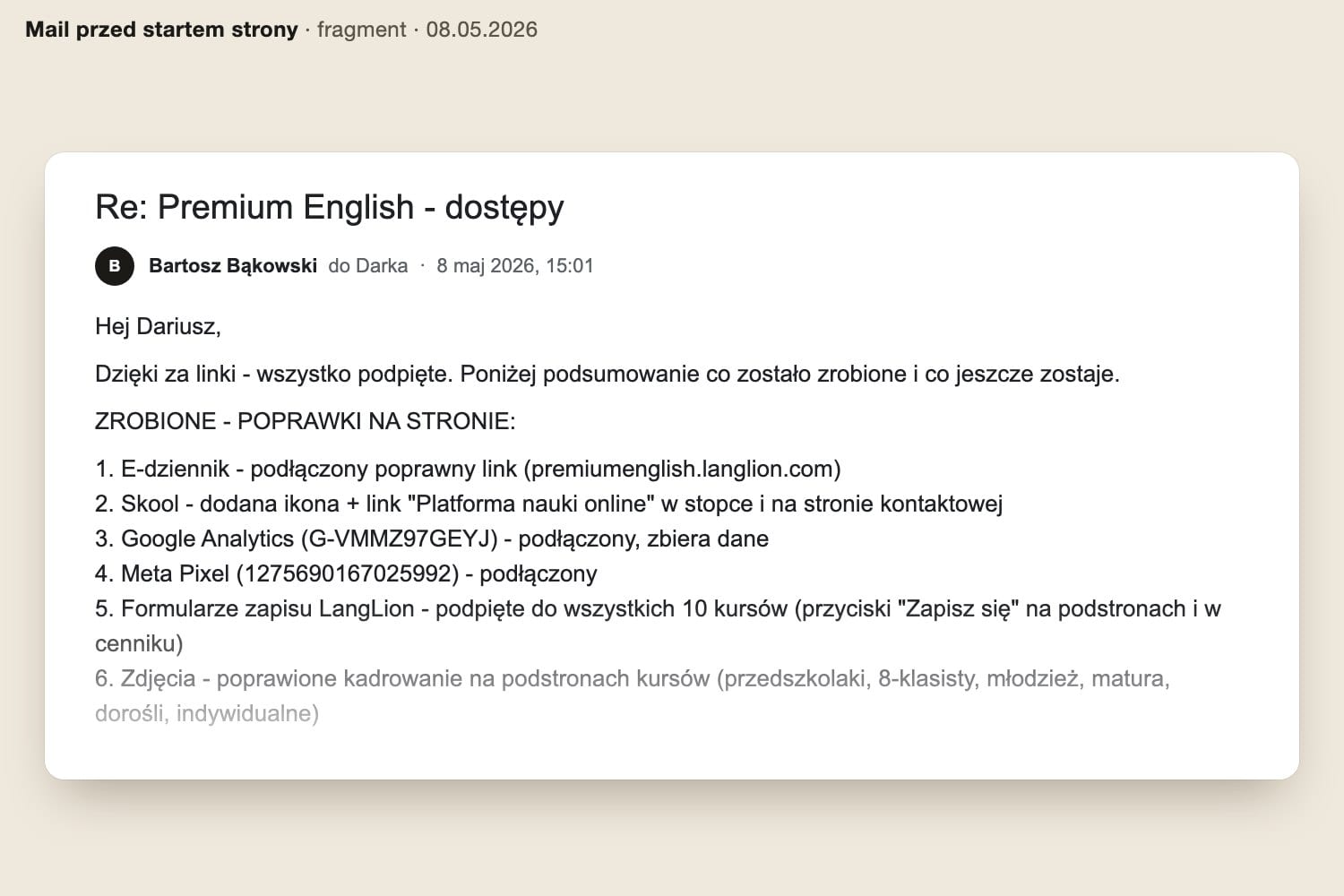 Fragment maila z 08.05.2026: lista zrobionych rzeczy, m.in. e-dziennik, Skool, Google Analytics, Meta Pixel i formularze zapisu LangLion podpięte do 10 kursów