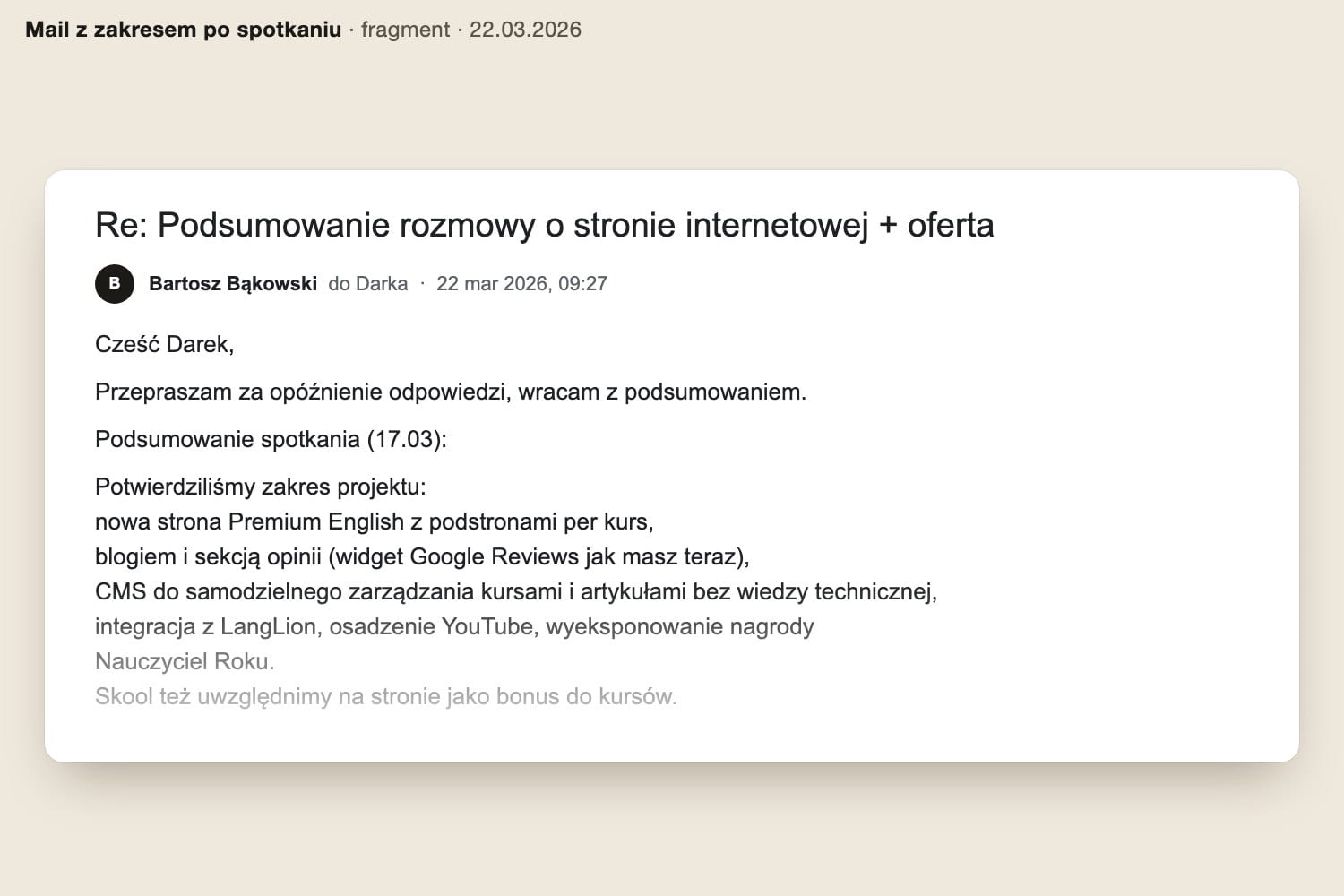 Fragment maila z 22.03.2026 z zakresem strony Premium English: podstrony per kurs, blog, opinie, CMS, integracja z LangLion, YouTube i nagroda Nauczyciel Roku