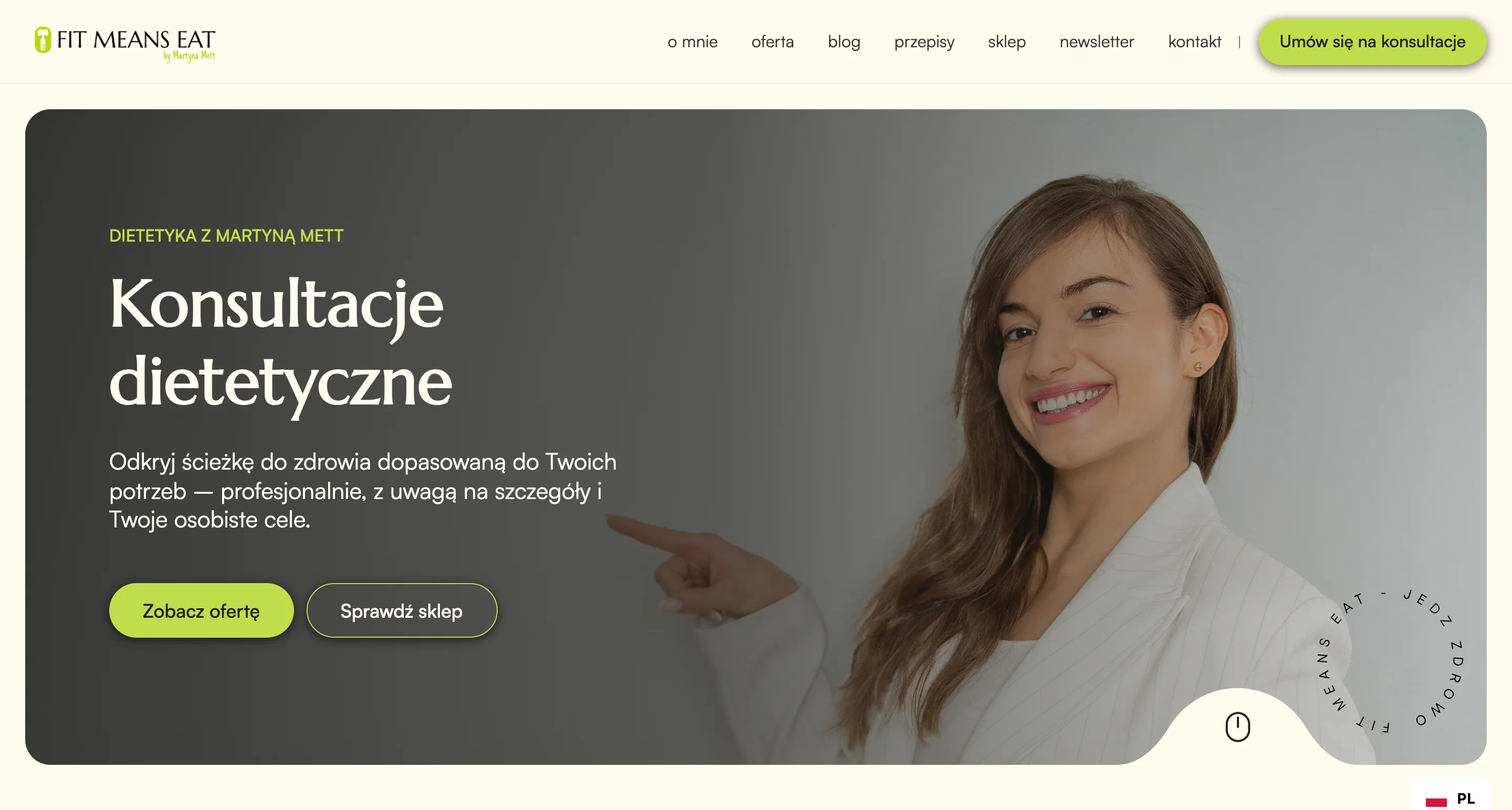 Strona główna Fit Means Eat: nagłówek „Konsultacje dietetyczne” i limonkowe przyciski