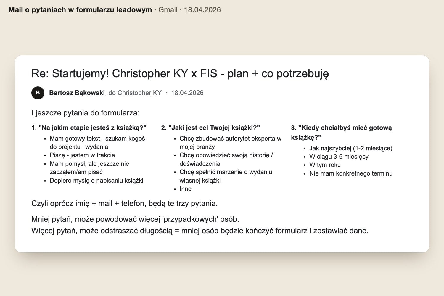 Fragment maila z 18.04.2026: trzy pytania kwalifikujące do formularza leadowego Meta i uwaga, że mniej pytań to więcej przypadkowych zgłoszeń