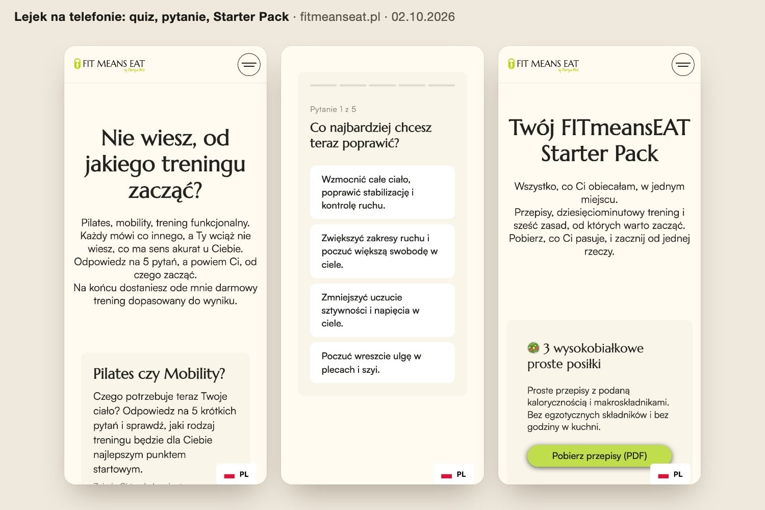 Trzy ekrany lejka na telefonie: start quizu, pierwsze pytanie z czterema odpowiedziami i strona Starter Pack