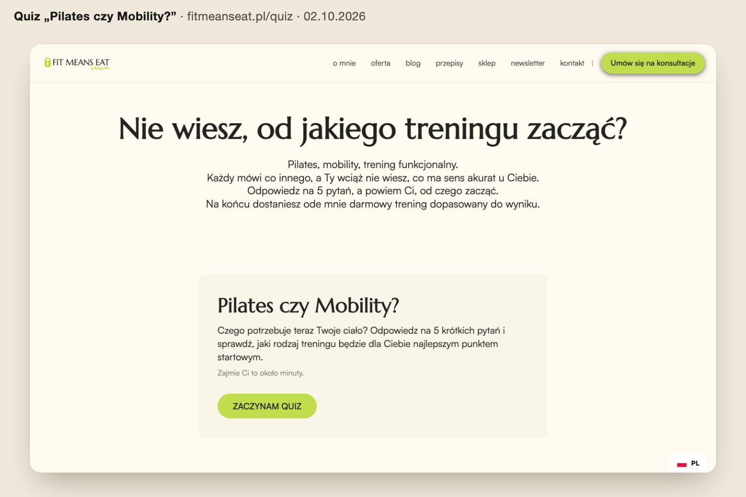 Strona quizu Fit Means Eat: nagłówek „Nie wiesz, od jakiego treningu zacząć?” i karta „Pilates czy Mobility?” z przyciskiem startu