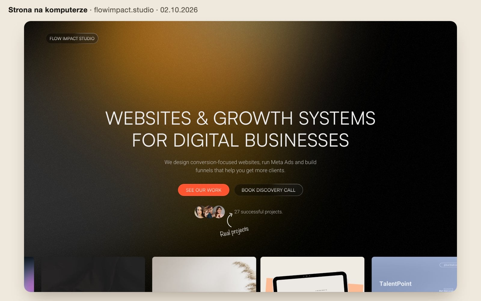 Poprzednia wersja strony Flow Impact Studio na komputerze: ciemne tło i angielskie hasło Websites and growth systems for digital businesses