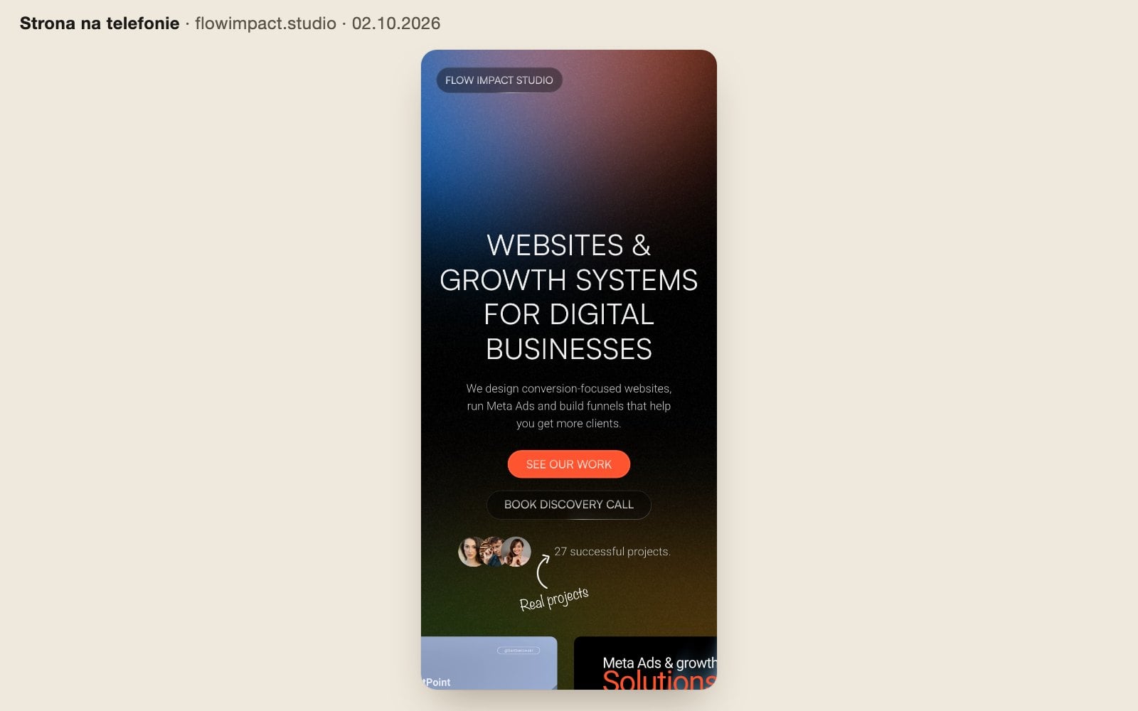 Poprzednia wersja strony Flow Impact Studio na telefonie