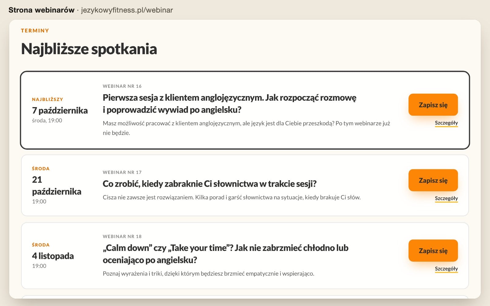 Strona webinarów jezykowyfitness.pl: lista najbliższych spotkań z przyciskami zapisu