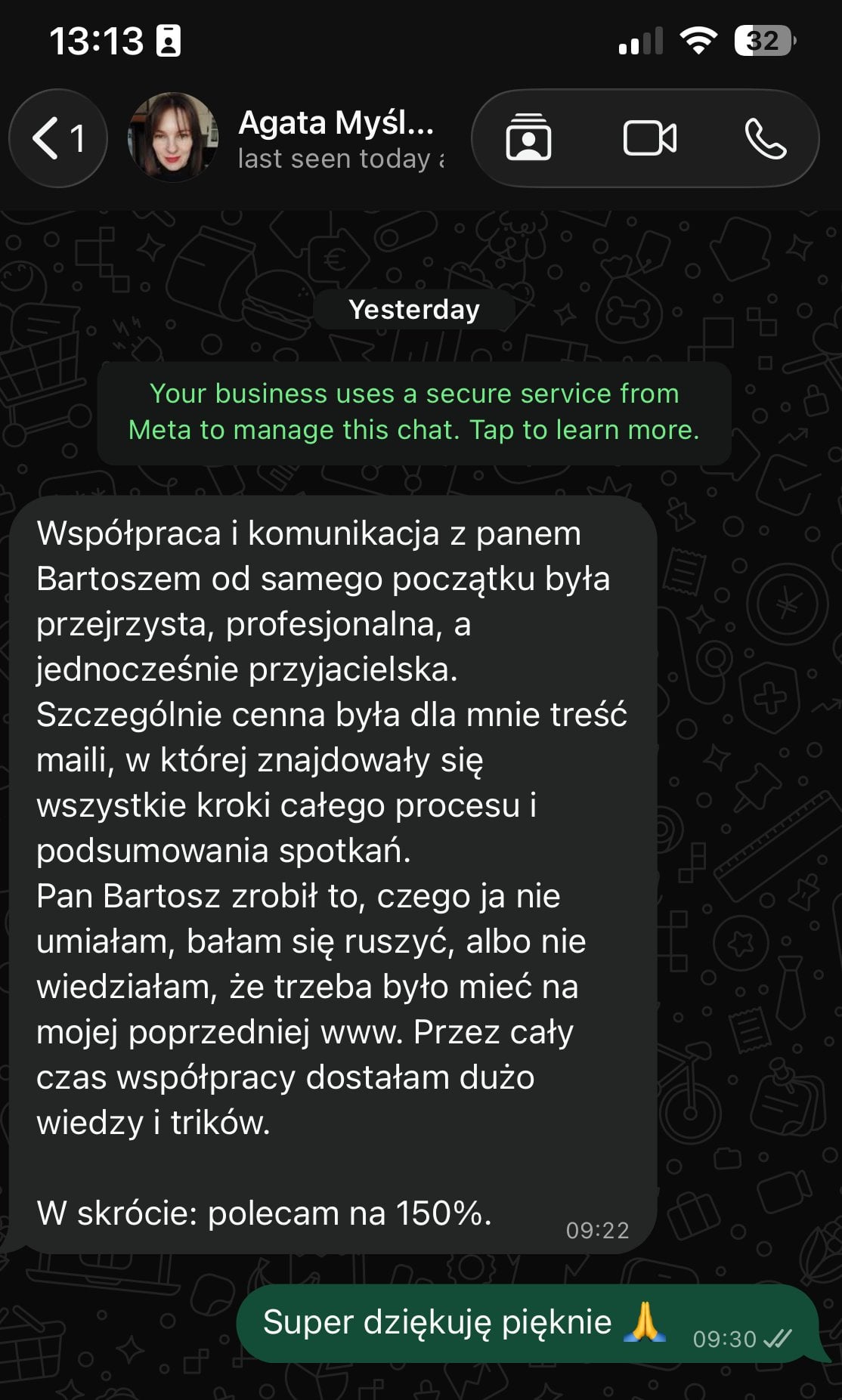Agata Myśliborska-Błyskun, zrzut wiadomości: „Współpraca i komunikacja z panem Bartoszem od samego początku była przejrzysta, profesjonalna, a jednocześnie przyjacielska.”