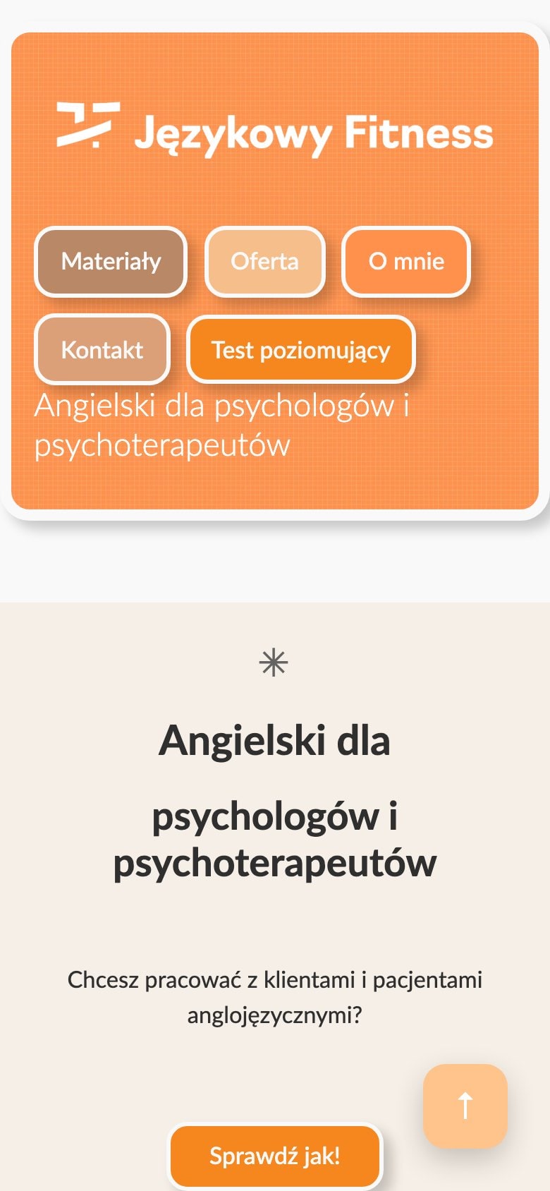 Stara strona Językowy Fitness na telefonie: pomarańczowy nagłówek z menu zajmuje pierwszy ekran