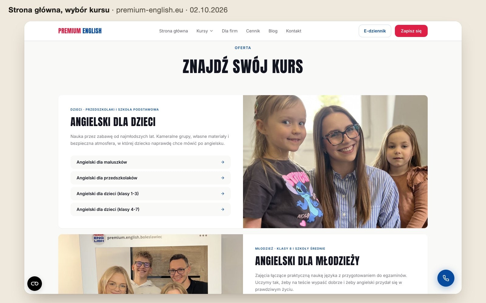 Sekcja „Znajdź swój kurs” na stronie głównej Premium English: kursy dla dzieci i młodzieży z listą grup wiekowych
