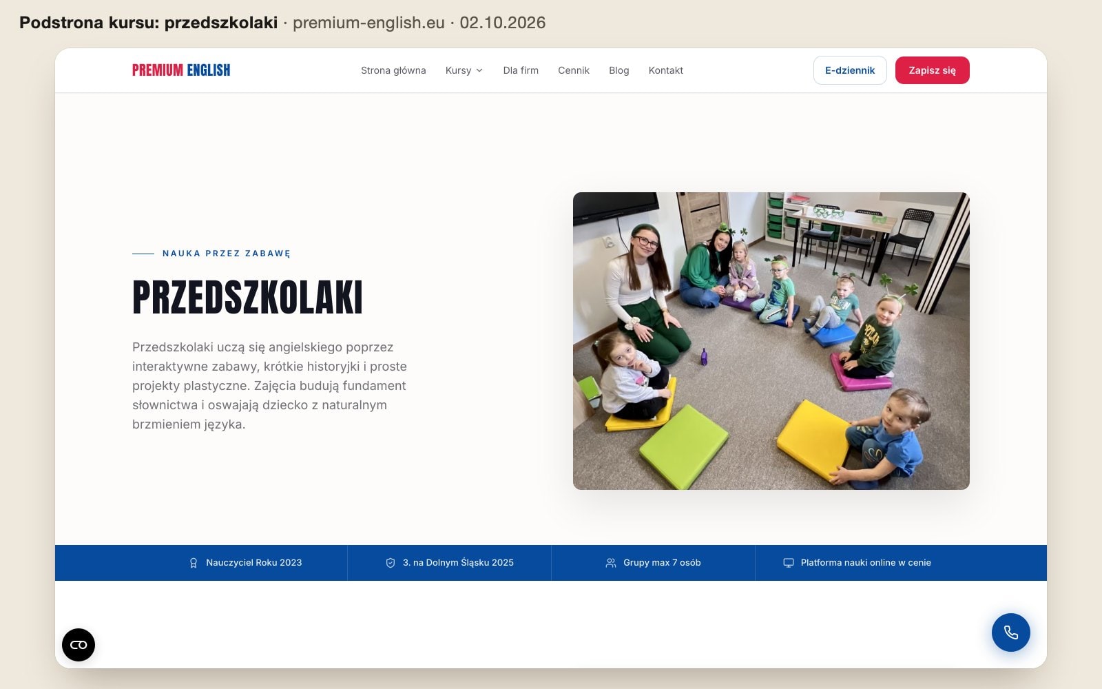 Podstrona kursu dla przedszkolaków: opis zajęć, zdjęcie z zajęć i pasek z nagrodami szkoły