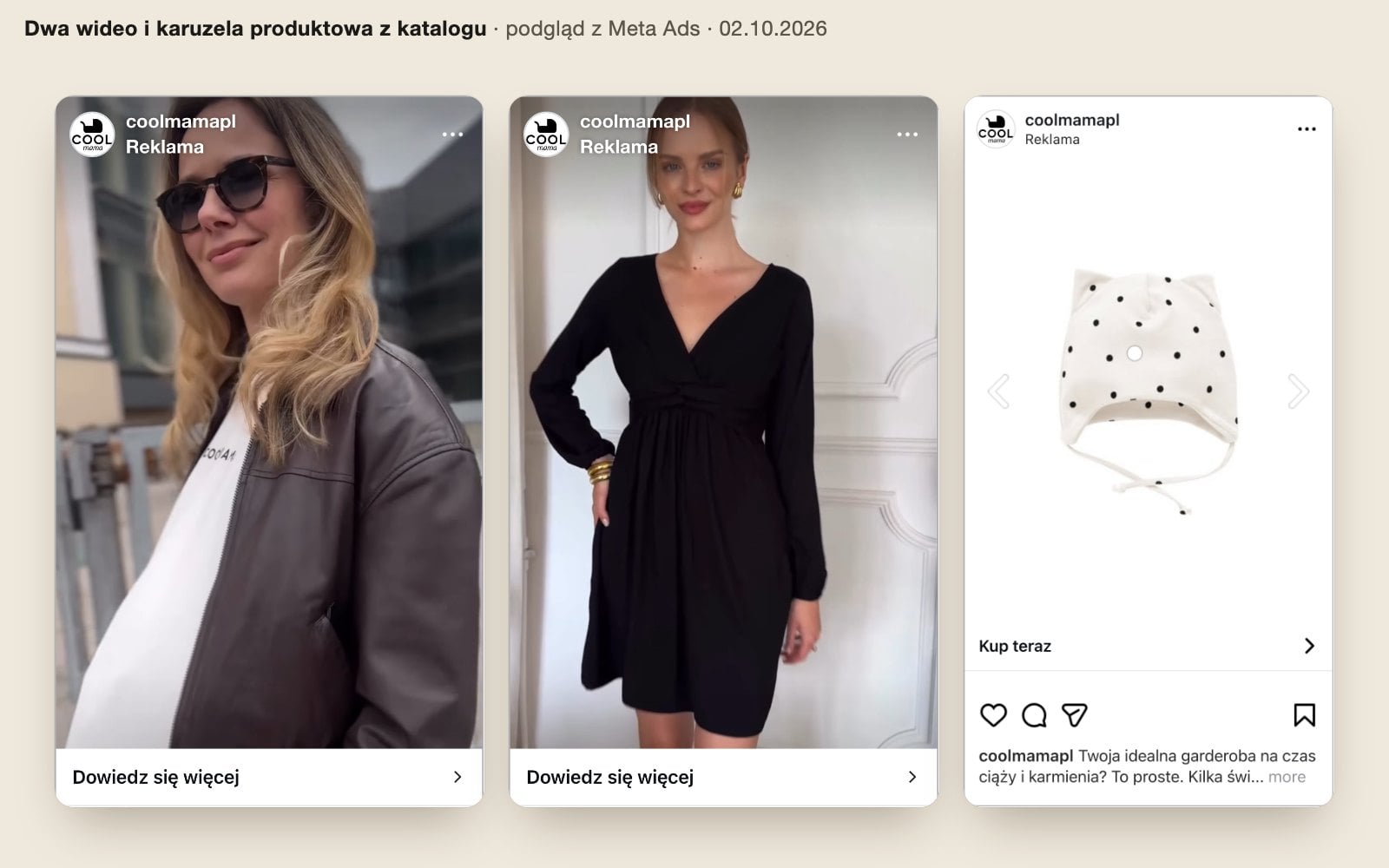 Trzy reklamy Cool Mama: dwa wideo z odzieżą ciążową i karuzela produktowa z katalogu sklepu