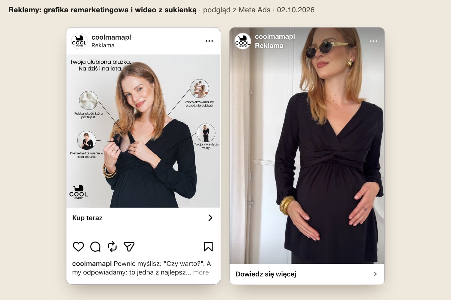 Dwie reklamy Cool Mama na Instagramie: grafika remarketingowa z bluzką do karmienia i opisem zalet oraz wideo z modelką w ciążowej sukience