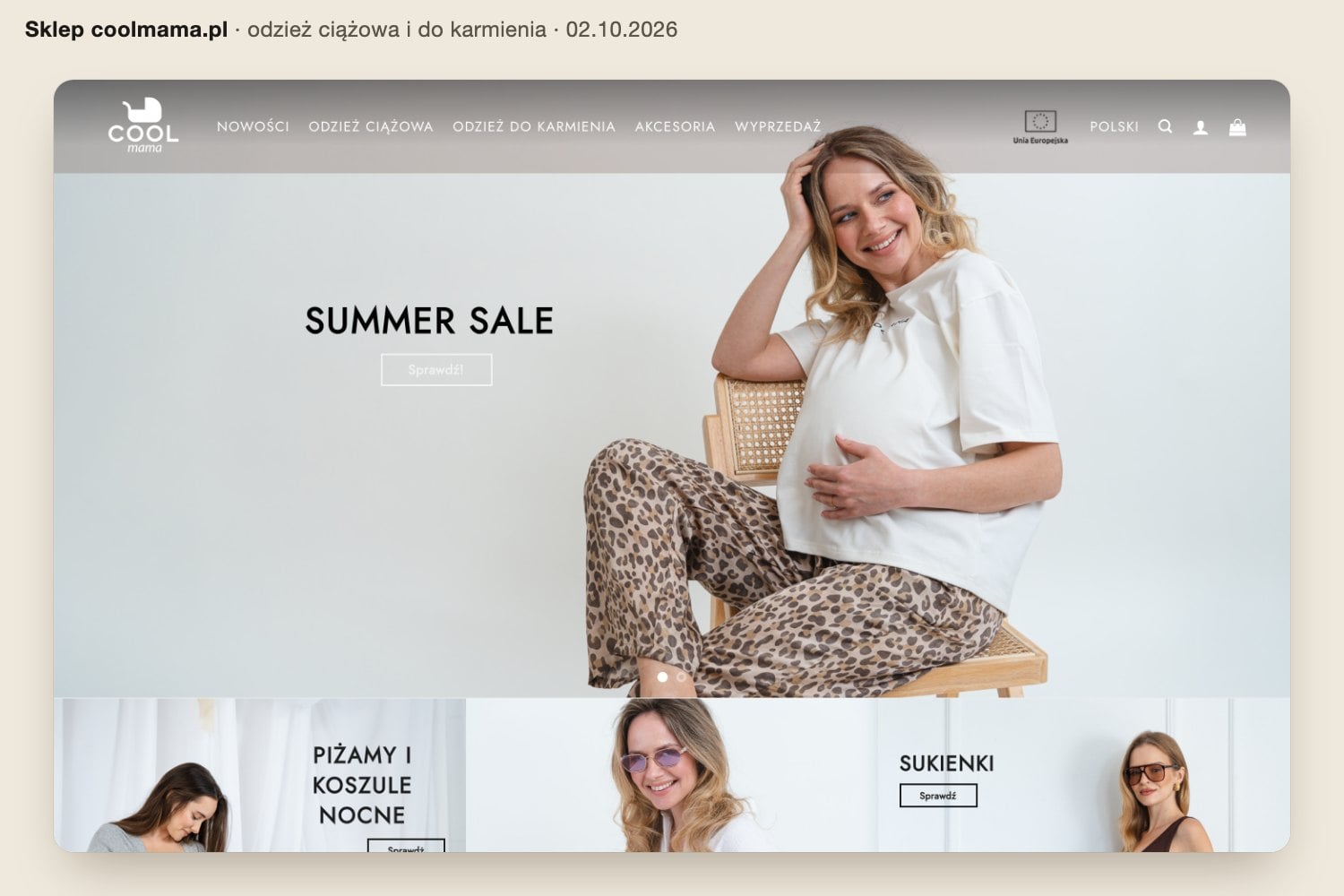 Strona główna sklepu coolmama.pl z odzieżą ciążową i do karmienia: menu, baner wyprzedaży i kategorie