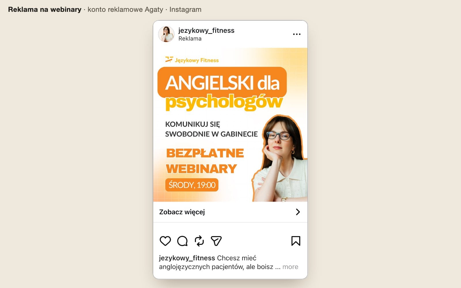 Reklama na bezpłatne webinary z konta reklamowego Językowy Fitness w podglądzie Instagrama