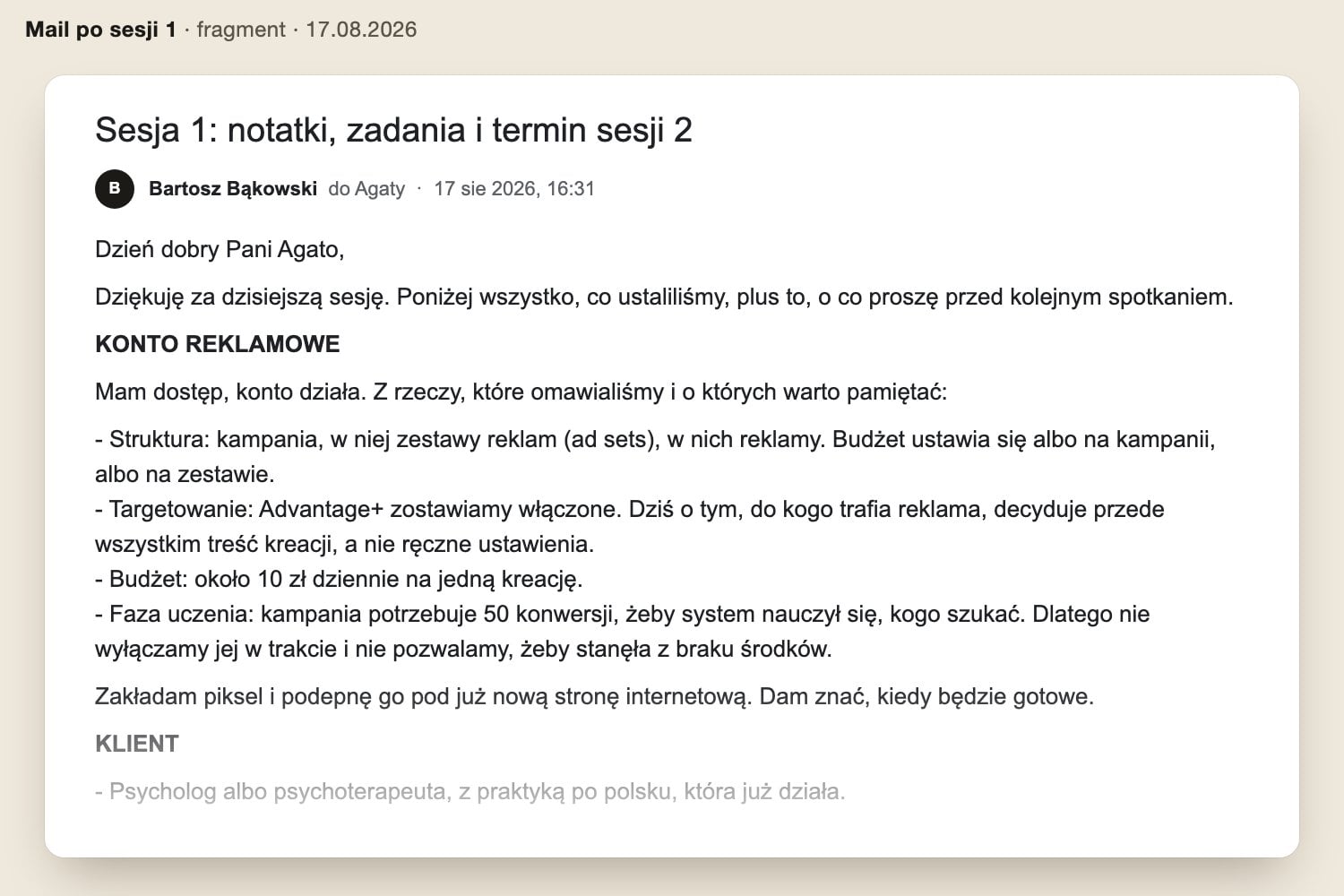 Fragment maila po sesji 1 z 17.08.2026: ustalenia o koncie reklamowym, budżecie i fazie uczenia