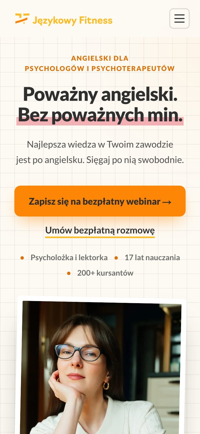 Nowa strona Językowy Fitness na telefonie: hasło, przycisk zapisu na webinar i zdjęcie Agaty