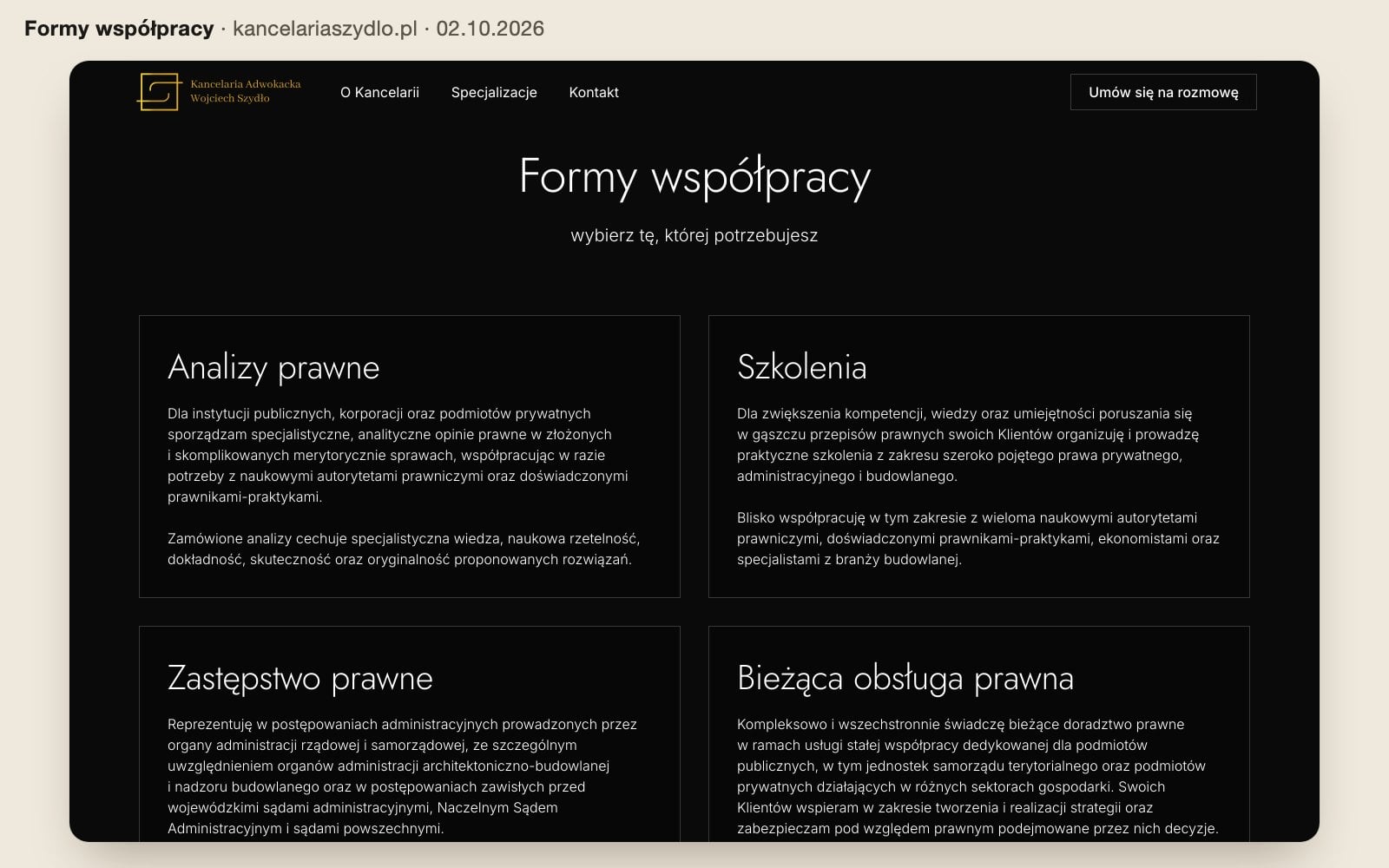 Sekcja „Formy współpracy” na kancelariaszydlo.pl: analizy prawne, szkolenia, zastępstwo prawne i bieżąca obsługa prawna
