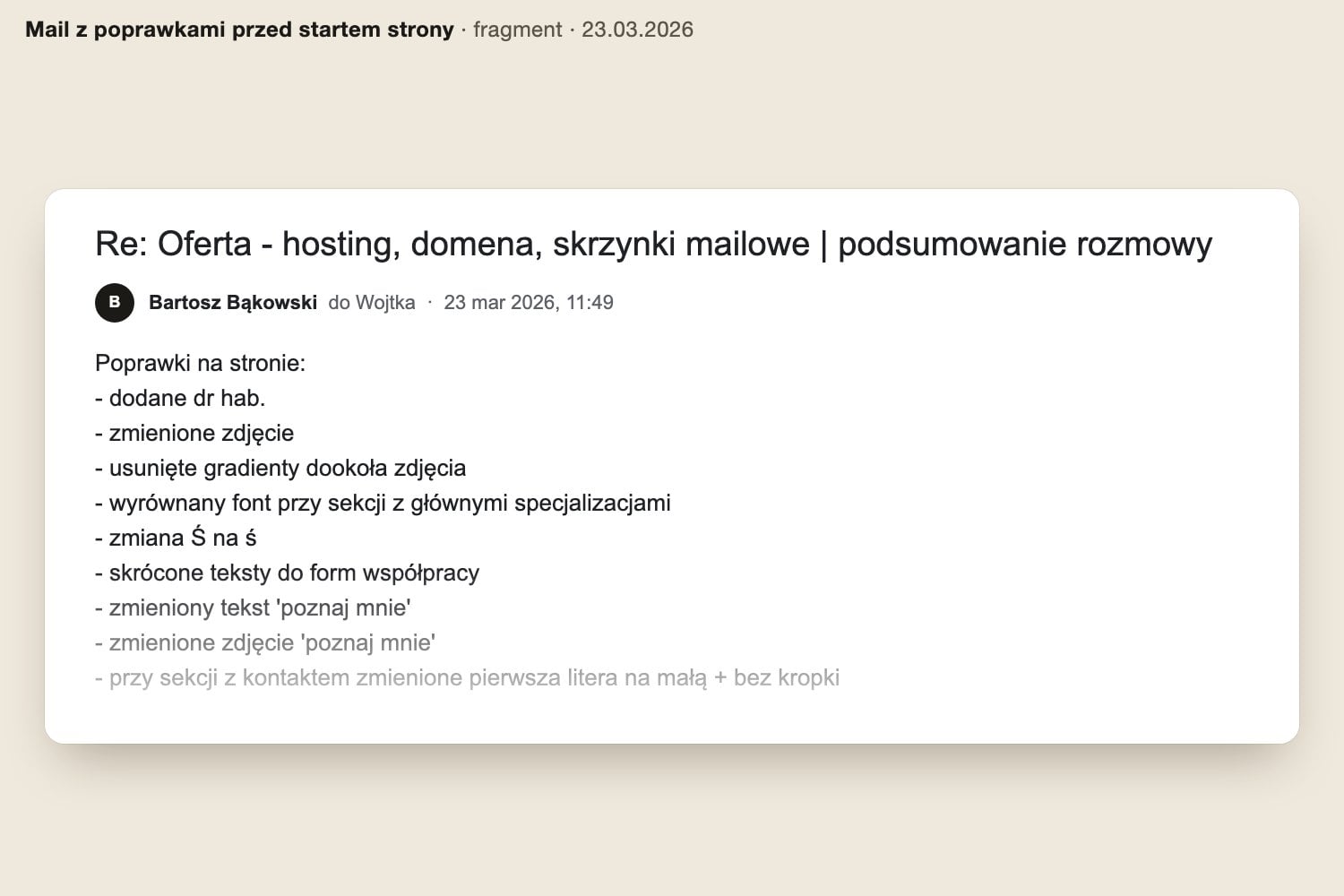 Fragment maila z 23.03.2026: lista poprawek na stronie kancelarii przed startem, m.in. tytuł dr hab., nowe zdjęcia i skrócone teksty form współpracy