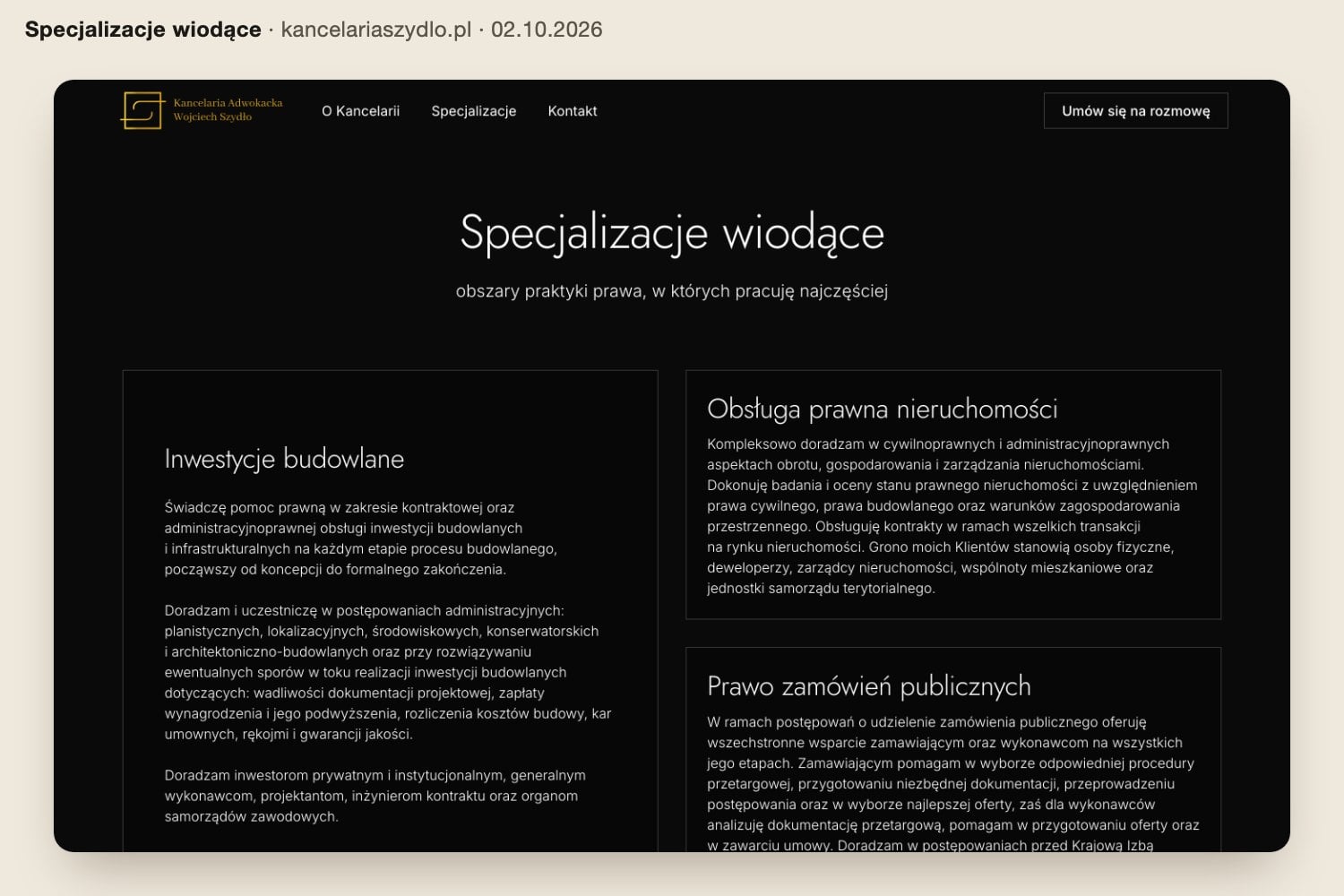 Sekcja „Specjalizacje wiodące” na kancelariaszydlo.pl: inwestycje budowlane, obsługa prawna nieruchomości, prawo zamówień publicznych