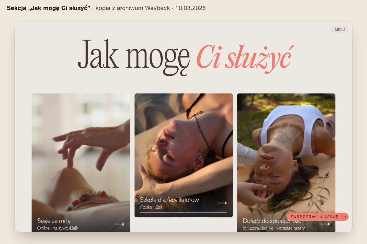 Sekcja Jak mogę Ci służyć na stronie Droga do Miłości: trzy karty Sesje ze mną, Szkoła dla facylitatorów i Dołącz do społeczności, kopia z archiwum z 10 marca 2026