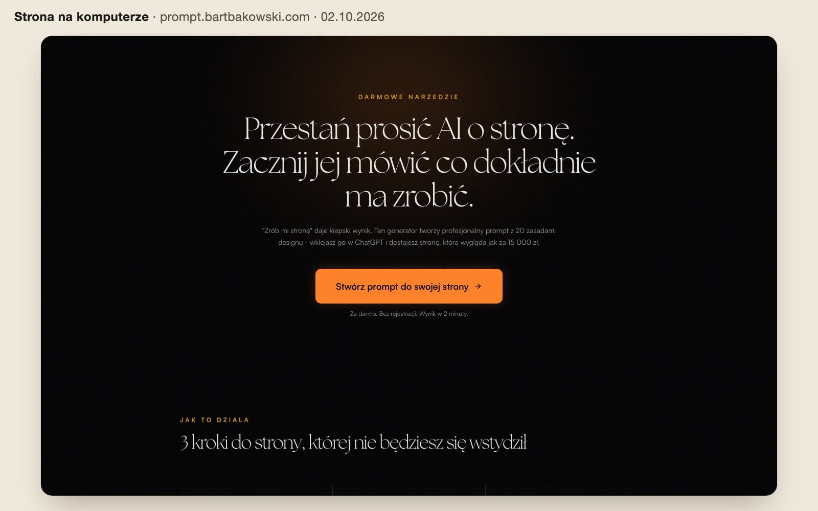Pierwszy ekran strony Prompt Builder na komputerze