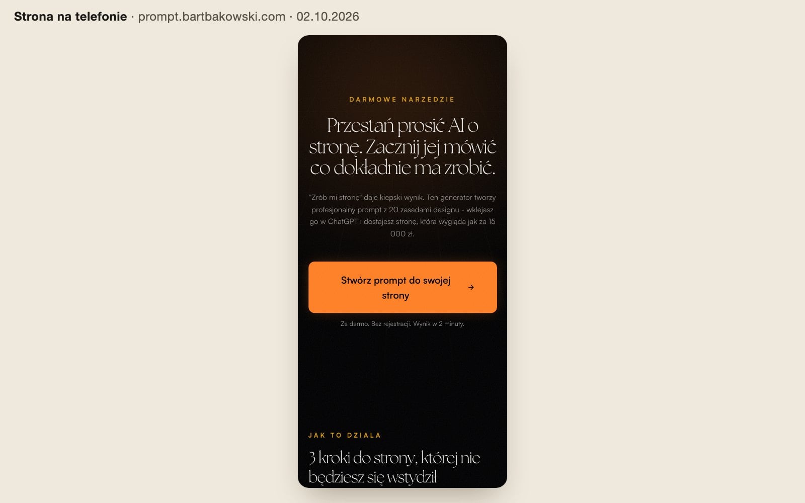 Pierwszy ekran strony Prompt Builder na telefonie