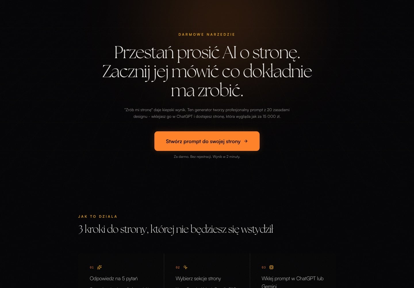 Strona główna Prompt Buildera z generatorem promptu do strony