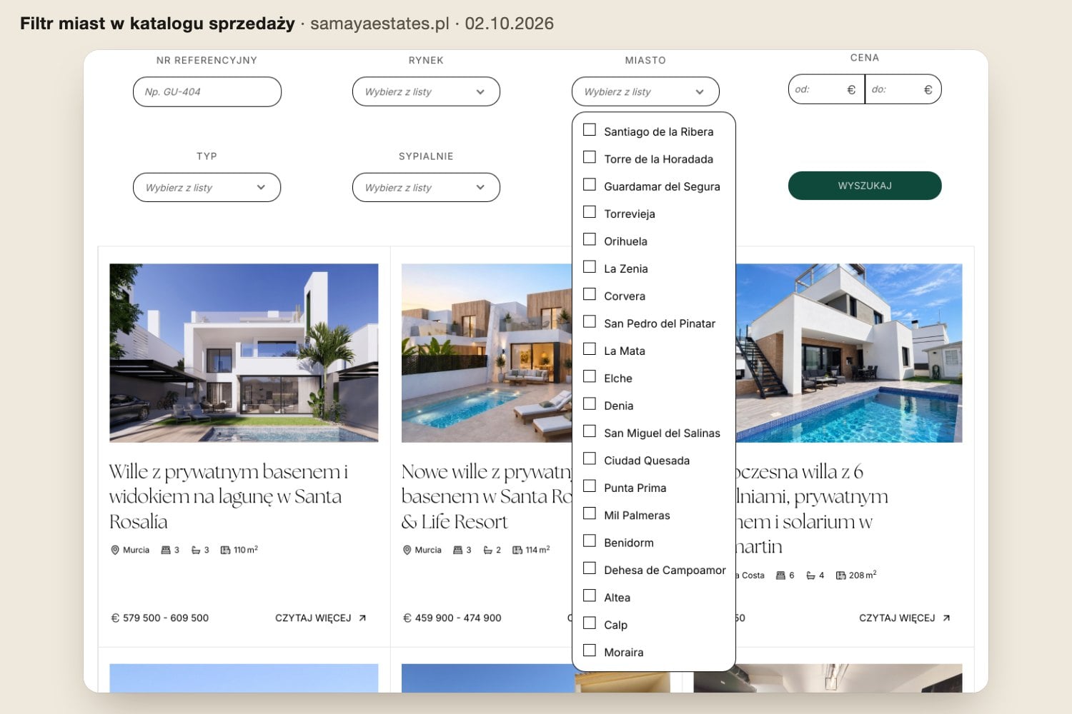 Katalog nieruchomości na sprzedaż Samaya Estates z rozwiniętym filtrem miast: lista lokalizacji od Santiago de la Ribera po Moraira