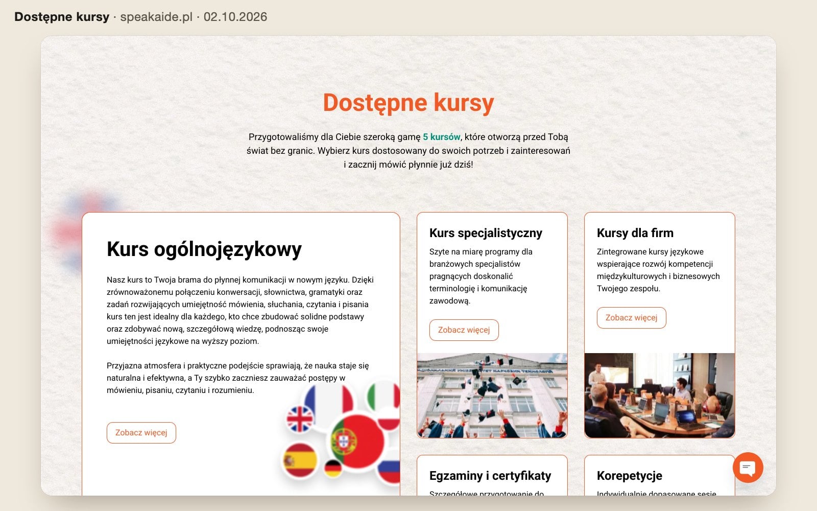 Sekcja „Dostępne kursy” na speakaide.pl: kurs ogólnojęzykowy, specjalistyczny, dla firm, egzaminy i korepetycje