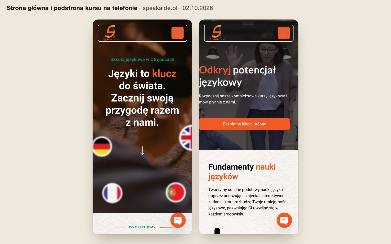 Speakaide na telefonie: strona główna z flagami i podstrona kursu ogólnojęzykowego z przyciskiem bezpłatnej lekcji próbnej