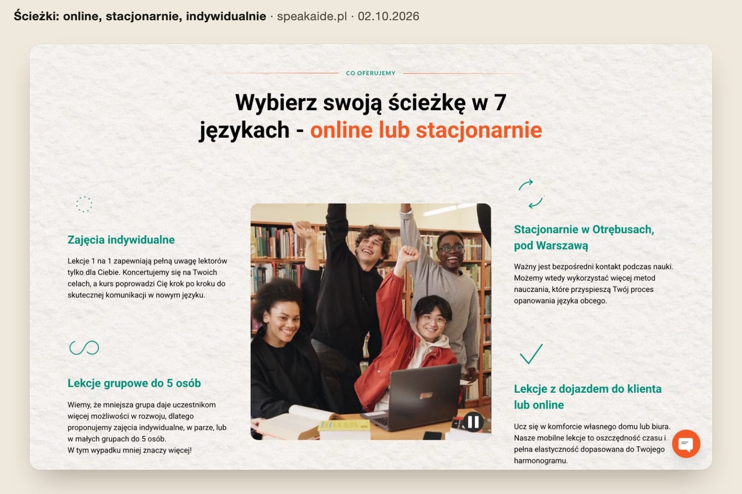 Sekcja „Wybierz swoją ścieżkę w 7 językach”: zajęcia indywidualne, grupowe do 5 osób, stacjonarnie w Otrębusach i z dojazdem lub online