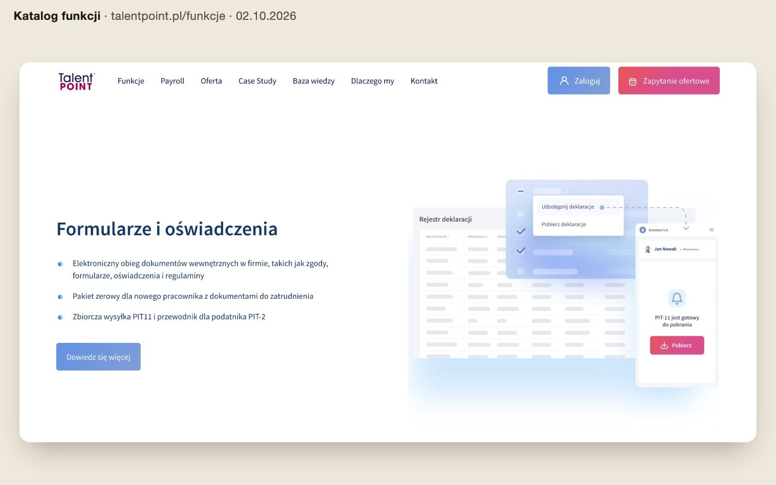 Katalog funkcji TalentPoint, sekcja Formularze i oświadczenia z ilustracją rejestru deklaracji