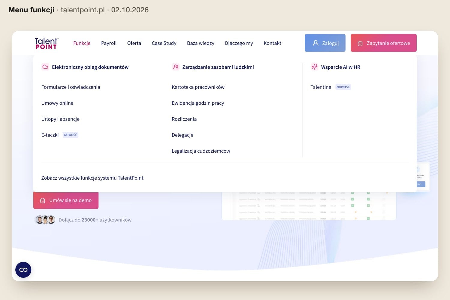 Rozwinięte menu Funkcje na talentpoint.pl: moduły w grupach Elektroniczny obieg dokumentów, Zarządzanie zasobami ludzkimi i Wsparcie AI w HR