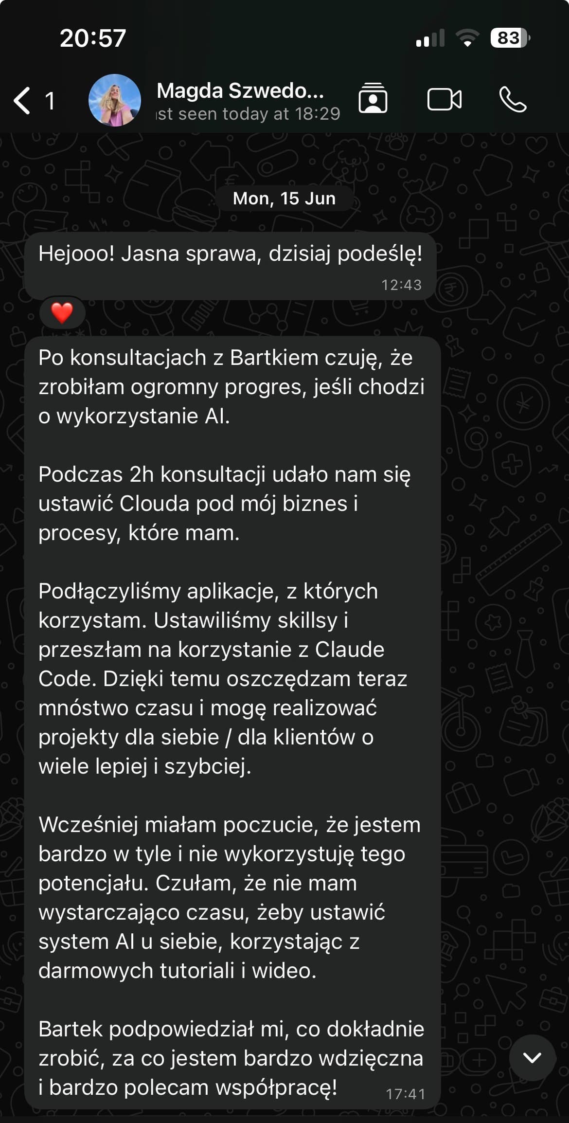 Zrzut ekranu opinii od Magda Szwedowicz: „Po konsultacjach z Bartkiem czuję, że zrobiłam ogromny progres, jeśli chodzi o wykorzystanie AI. Podczas 2h konsultacji udało nam się ustawić Clouda pod mój biznes i procesy, które mam. Podłączyliśmy aplikacje, z których korzystam. Ustawiliśmy skillsy i przeszłam na korzystanie z Claude Code. Dzięki temu oszczędzam teraz mnóstwo czasu i mogę realizować projekty dla siebie / dla klientów o wiele lepiej i szybciej. Wcześniej miałam poczucie, że jestem bardzo w tyle i nie wykorzystuję tego potencjału. Bartek podpowiedział mi, co dokładnie zrobić, za co jestem bardzo wdzięczna i bardzo polecam współpracę!”